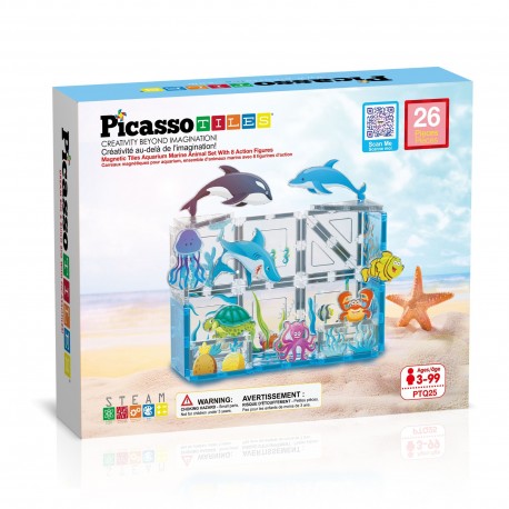 Picasso Tiles 26pcs Magnetic Tiles Aquarium Marine Animal Set wtih 8 Action Figures