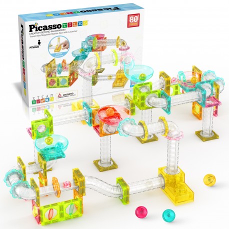 Picasso Tiles 80pcs Magnetic Marble Run Travel Size with Launcher