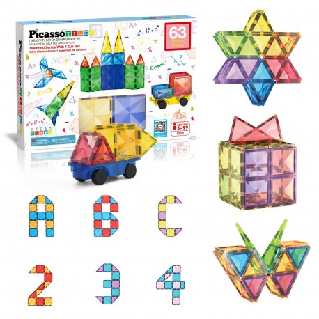 Picasso Tiles 63pcs Magnetic Tiles in Blister with car base